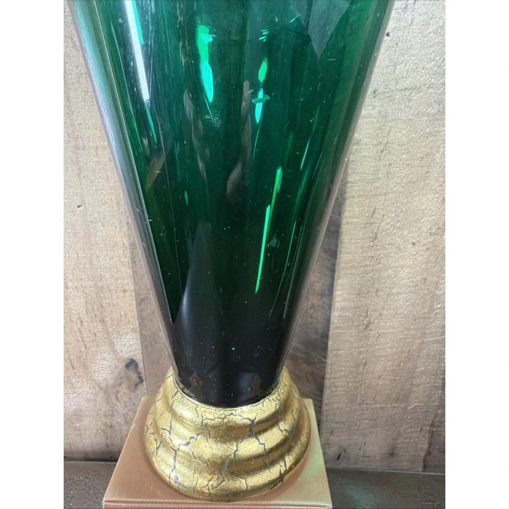 Cristallerie Emerald Green Glass Trumpet Vase Gilded Pedestal Base Vtg Italy 11